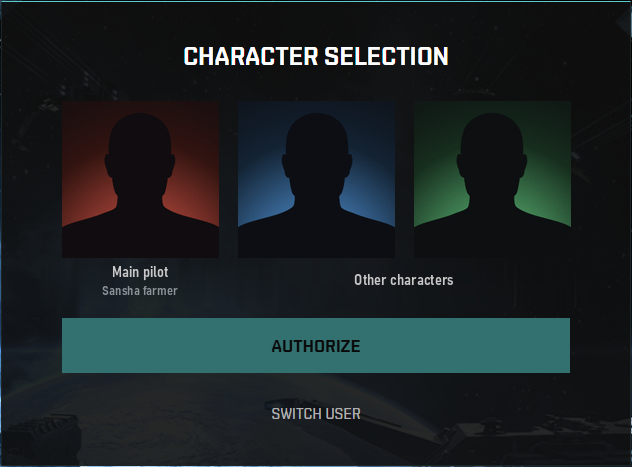Экран выбора персонажа EVE (Character Selection) с кнопкой Authorize