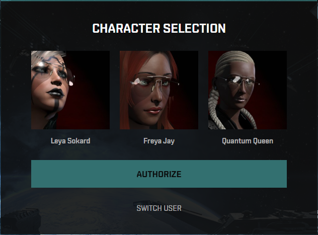 Экран выбора персонажа EVE (Character Selection) с кнопкой Authorize