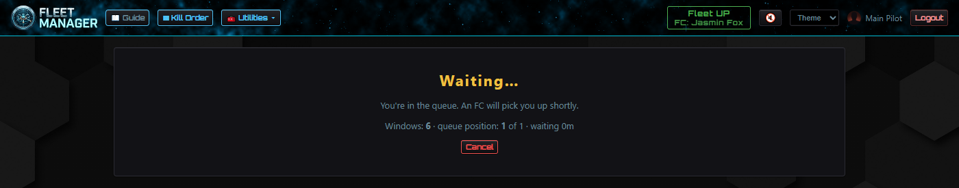 Экран ожидания: Waiting, число окон, место в очереди, кнопка Cancel